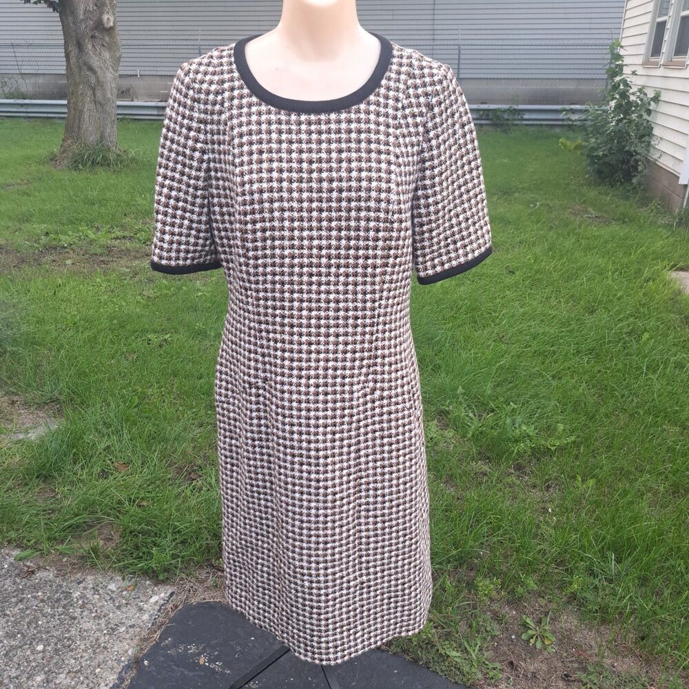 Brooks Brothers Italian Tweed Brown Houndstooth Midi Dress Size 10 Medium Career